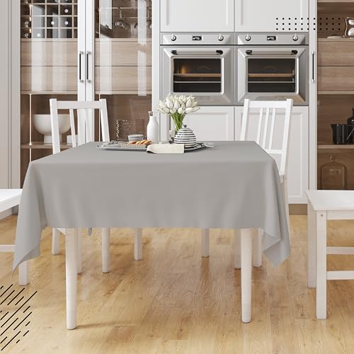 Image of Encasa XO Dining Table Cover Cloth for 4 Seater | 140x140 cm Cotton Canvas Square Table Cloth | Machine Washable Tablecloth for Indoor & Outdoor Use - Light Grey Solid Color