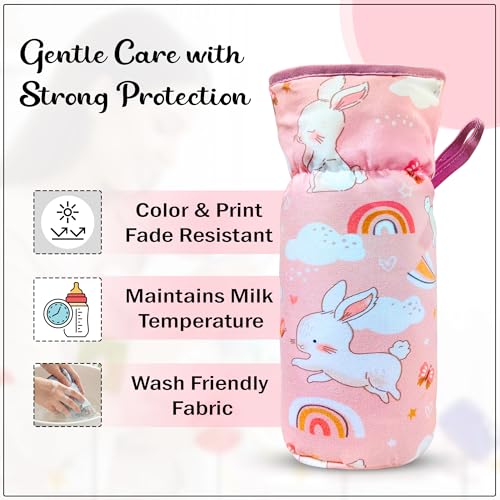 Image of GLUN Printed Baby Feeding Bottle Pouch with Lanyard Pack of 2, Cushioned Cotton Pouch, Keep Warm Baby Drinks, Glass, Plastic Insulator Bottle Protector
