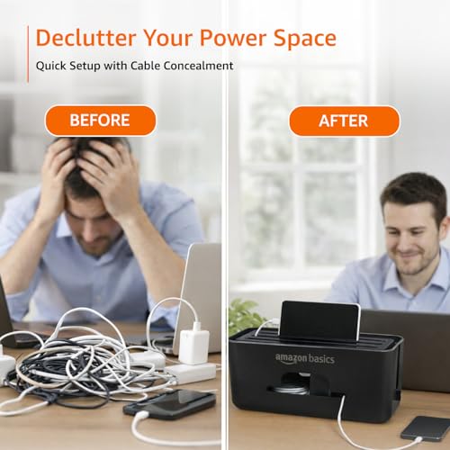 Image of Amazon Basics - Cable Management Box with Mobile Stand - Power Strip, Cords, Wires | Surge Protector Hiding Cover Organizer for Home, Office (Black)