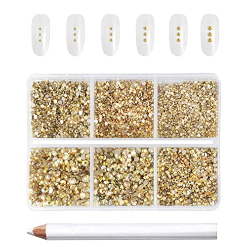 Beadsland 7200 piezas diamantes de imitación para uñas,Juego de pedrería dorados para strass facial para manualidades,mezcla de 6 tamaños con kit de lápiz de cera,SS3-SS10,Metal Dorado