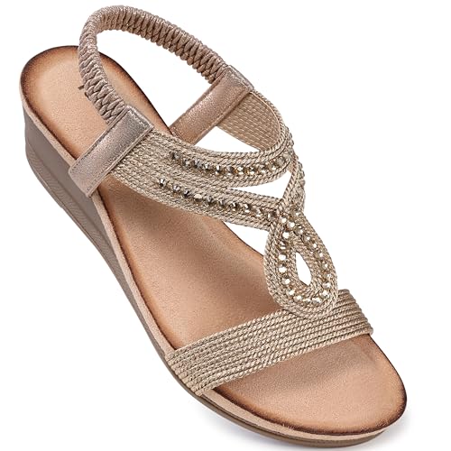 TEMOFON Wedge Sandals for Women Dressy: Champagne Gold Size 8.5 Summer Open Toe Sandal Woman Comfortable - Low Heel Beach Wedges 2026