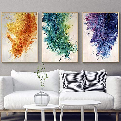 Toile art coloré KEBIA 3 panneaux jaune vert violet peinture abstraite 60x80cm