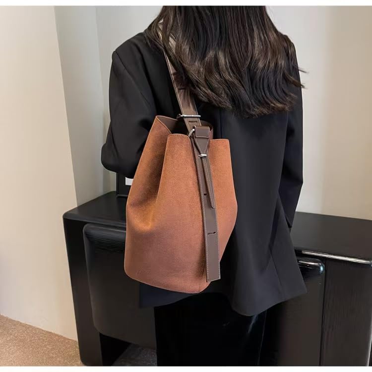 Image of Women Suede Bucket Shoulder Bag Fashion Vegan Leather Slouchy Hobo Bag Office Tote Handbag Crossbody Designer Purse
