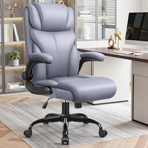 Image of Primy Office Chair, Ergonomic Leather Desk Chair with Flip-up Armrests, Big and Tall High Back Executive Computer & Gaming Chair with Footrest, Comfy Padded, Rocking Function and Lumbar Support(Gray)