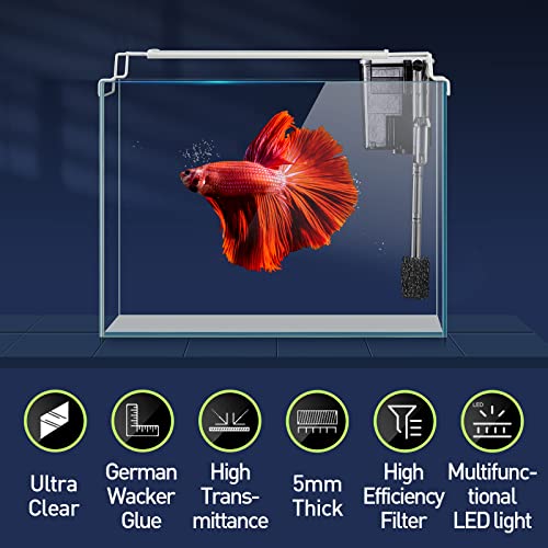 LAQUAL Petit aquarium ultra transparent avec filtre et lumière (3 gal), verre sans bord à faible