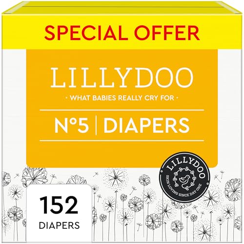 Image of LILLYDOO Diapers - Size 5 (24-35 lbs), Monthly Supply (144 Count), Skin-Friendly, Ultrasoft, Chlorine-Free & Absorbent Baby Diapers