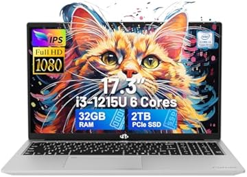 NIMO 17.3" IPS FHD-Laptop, Intel 6 Cores i3-1215U 32GB RAM 2TB SSD (Beat Ryzen 5 7520U, Up to 4.4GHz) Computer with 65W GaN Type C Backlit Keyboard Fingerprint, for Home Student and Business Silver