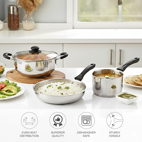 Image of CELLO Galaxy Steelox Stainless Steel Set of 3 Pieces Cookware Set Combo for Kitchen | Kadhai with Glass Lid 22CM + Milk Pan 14CM + Fry Pan 22CM Gas Stove Compatible Cookware for Daily Use & Gifting