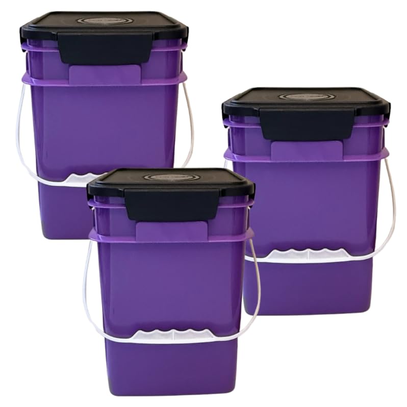 Image of House Naturals 4 Gallon Square Food Grade Bucket Pail with Plastic Handles and Lid (Pack of 3) Made in USA containers (Purple - Black lids)