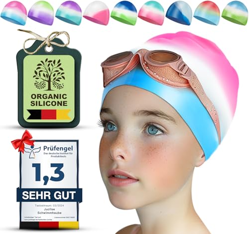 Juclise Silikon Badekappe Mädchen Kinds und Jungen Wasserdicht für Lange und Kurze Haare UV Schutz 1-2 Stück (Rosa Blau 9-15)