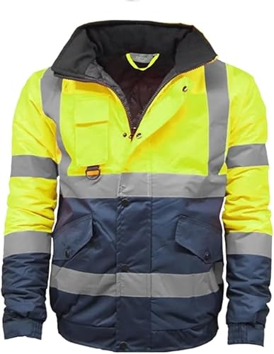 Image of ANZEE Mens Hi Vis Bomber Jacket - High Visibility Waterproof Safety Security Workwear Reflective Tape Two Tone Warm Winter Zipper Pockets UK S-3XL (UK, Alpha, L, Navy/Yellow)