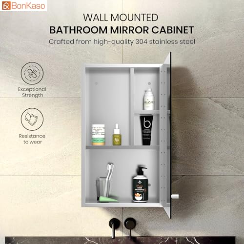 Image of BonKaso Premium Bathroom Cabinet with Mirror | 304 Stainless Steel Wall-Mounted Mirror Cabinet for Wash Basin & Bathroom Storage (10x16 Inch, Chrome Finish)