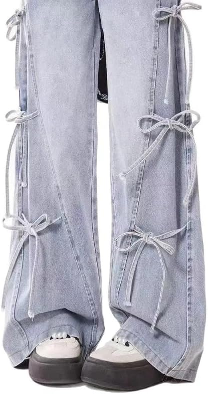 BXCNCKD Women‘s Jeans High Waist Wide Leg Flare Pants Bow Tie-Waist Detail Denim Retro Spring Summer Loose Fit Trousers - Image 6