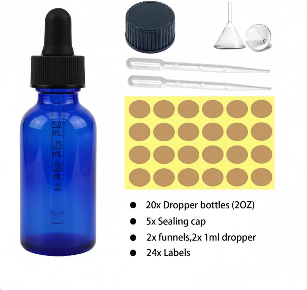 20 Pcs 1oz Cobalt Blue Dropper Bottles (30ml) with Graduated Glass Pipette, Stylish & Leak-Proof for Facial Serums, Gifting & Beauty Care