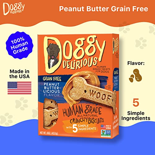 Doggy Delirious Crunchy Dog Treats – For All Pet Sizes, Breeds – All-Natural Puppy Treat – 100% Human-Grade – Delicious Pet Treat Bones, Snacks For Dogs – Grain-Free Peanut Butter, 16 Oz #TOP1