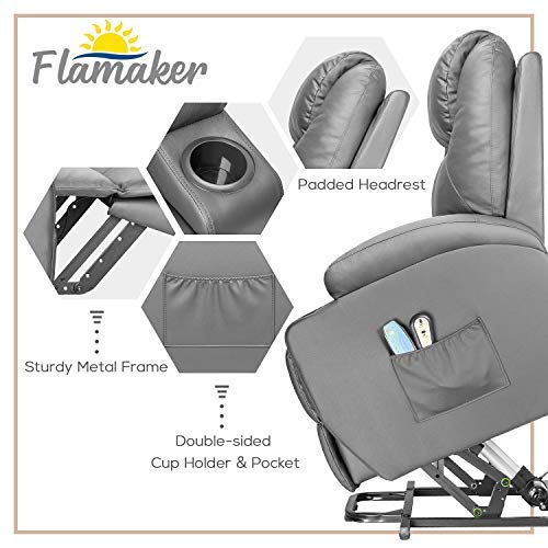 Flamaker Power Lift Recliner Chair Pu Leather For Elderly With Massage And Heating Ergonomic Lounge Chair For Living Room Classic Single Sofa With 2 Cup Holders Side Pockets Home Theater Seat (Gray) #TOP2