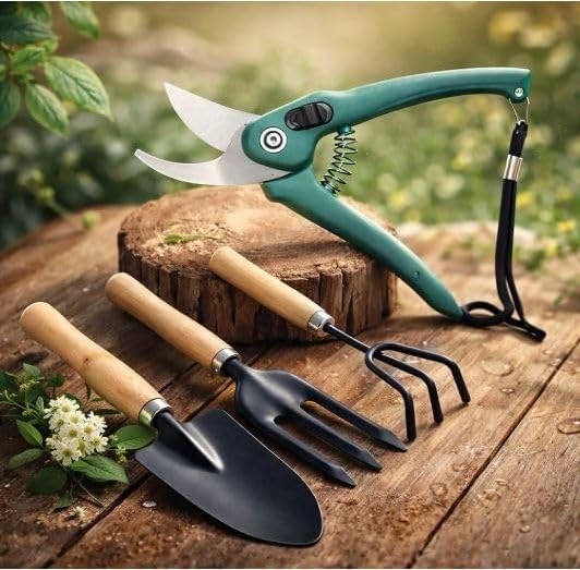 4-Piece Gardening Tools Kit for Home (Wooden Handle Cultivator,Fork, Trowel) Pruner Cutter –Stainless Steel Garden Set, Farming Tool & Essentials for Indoor Outdoor Agriculture Use (GTK)-image-32