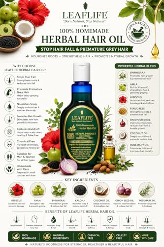 Image of Leaflife 100% Herbal Hair Oil | Homemade Natural Hair Oil for Hair Fall Control, Hair Growth & Premature Grey Hair Care | Non-Sticky, Chemical-Free | 125Mlleaflife 100% Herbal Homemade Hair Oil,Pack of 3 x 125 ML