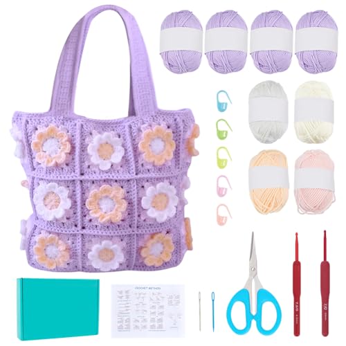 ORIGACH Kit de sacola quadrada de flor de crochê para iniciantes e adultos, kit de bolsa quadrada de avó com tutoriais em vídeo de instruções