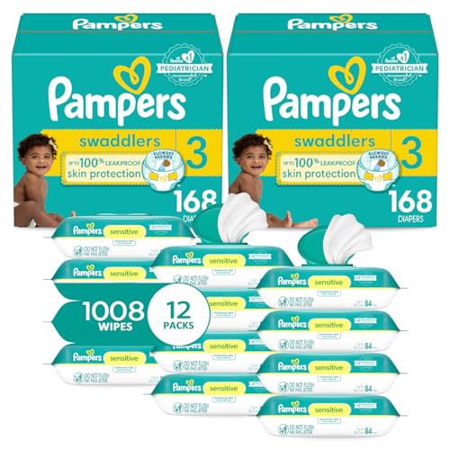 Image of Pampers Swaddlers Disposable Baby Diapers Size 3, 2 Month Supply (2 x 168 Count) with Sensitive Water Based Baby Wipes 12X Multi Pack Pop-Top and Refill (1008 Count)