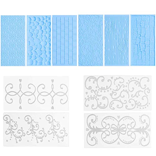 10 Pieces Cake Fondant Impression Mat Mold, Embossed Tree Bark Brick Wall Fondant Impression Mat Wall Texture Mold Cake Fondant Lace Texture Mats Decorating Tools for Cake Border Decorating