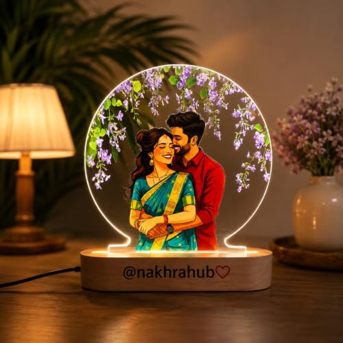 Image of Personalized Couple Photo Acrylic LED Lamp | Custom Romantic Night Light with Floral Artwork & Wooden Base | Anniversary, Wedding, Engagement, Valentine's Day Gift (Design 1)