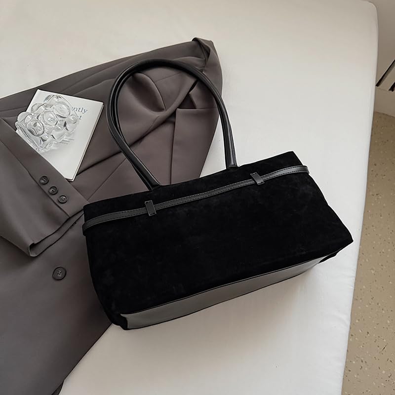 Suede Large Capacity Shoulder Bag w/Buckle Belt Detailing for Daily Use(Black)4