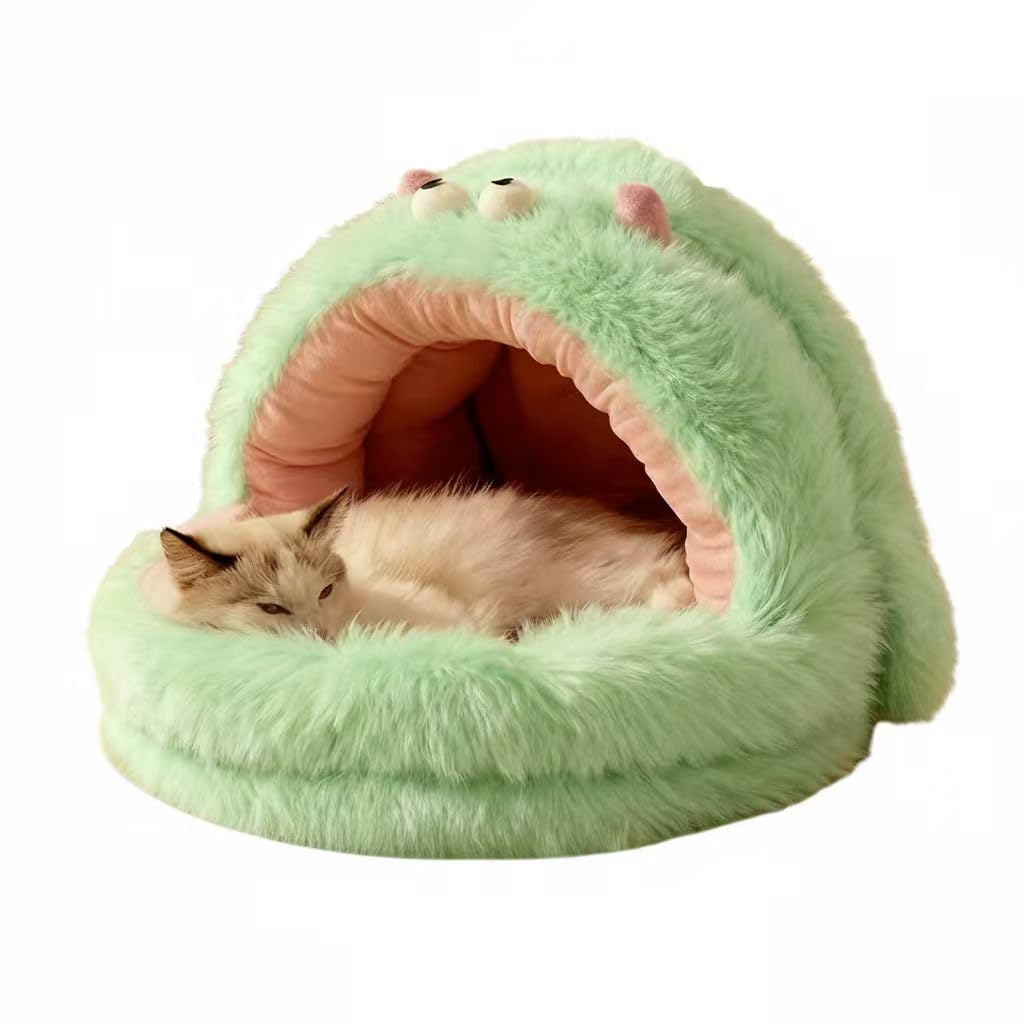 Lit pour chat contre le froid au sol : grotte peluche semi-fermée verte S pour chien