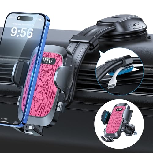 Image of HTU Upgraded Strongest Suction Car Phone Holder Bendable Arm, Never Block View Rotatable Cellphone Mount for Dashboard Windshield Vent, Cradle Stand for iPhone 17 16 15 14 13 12 Pro Max (Dark Pink)