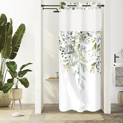 Gibelle Small Stall No Hook Shower Curtain with Snap-in Fabric Liner Set - 36" x 74"(72"), Hotel Style Sage Green Eucalyptus Leaves Shower Curtain with See Through Top Window, Waterproof & Washable Cover