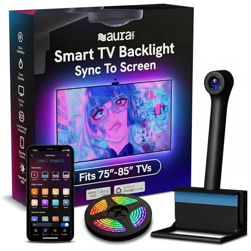 Aura Labs Smart TV Backlight Sync to Screen for 70-85 Inch TV - Camera-Based Color Match - Backlighting for TV - Voice and App Control - RGB LED Strip Light - LED Lights for TV