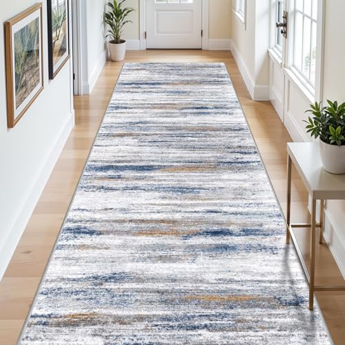 4x10 Wide Washable Runner Rug: Easy-to-Clean Runners for Hallway Entryway Kitchen Bedroom Living Room - Stain and Water Resistant Rugs with Non-Slip Backing - Soft Low-Pile Carpet Navy Grey