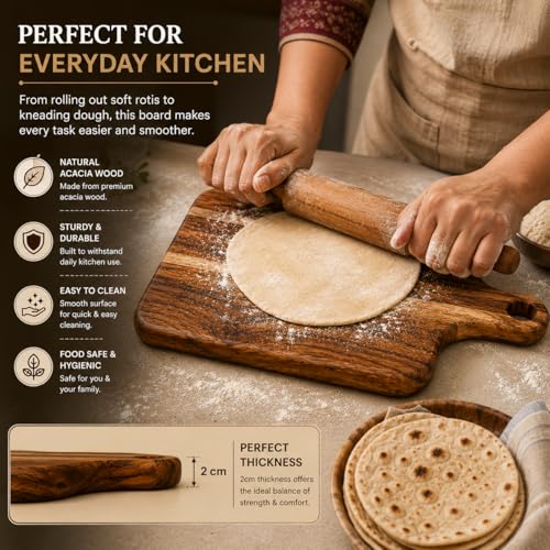 Image of Handcrafted Wooden Chopping Board for Kitchen | Cutting Board & Serving Platter | Food Safe Wooden Board for Vegetables, Fruits, Cheese & Bread | Multiple Designs (Paddle Handle, Sheesham Wood)