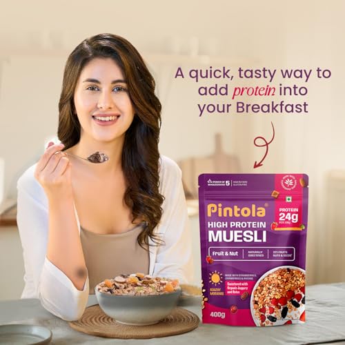 Image of Pintola 25g High Protein Muesli, Fruit & Nut, 400g | Gluten-Free, Naturally Sweetened with Organic Jaggery & Dates, 22% Fruits, Nuts & Seeds, No Refined Sugar, Healthy Breakfast Cereal (Pack of 3)