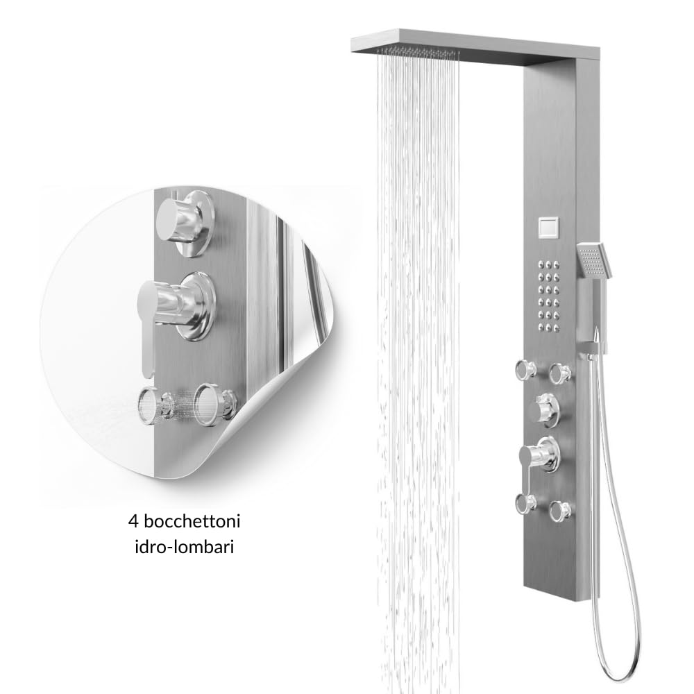 Colonna Pannello Doccia Chester-1 Cromo Spazzolata Acciaio 4 Funzioni Display Temperatura 4 getti lombari frontali 24 micro-ugelli Soffione Anticalcare