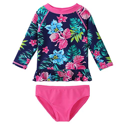 XFGIRLS Maillot de Bain Slip Deux pièces à Manches Longues Anti-UV pour Fille de 3 Mois à 6 Ans,3-4A(Tag No.4A),Fleur Marine B Cover