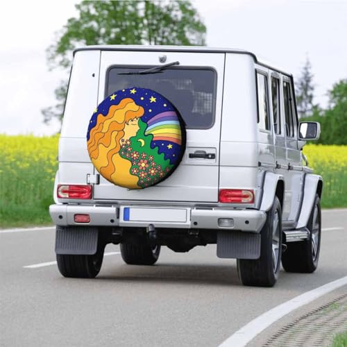 Image of Girl Stars Moon Night Sky and Rainbow Spare Tire Cover Psychedelic Hippie Girl with Golden Hair Wheel Covers for RV Tires Camper Tire Case Protectors for Trailer Rv SUV Truck Travel Trailer 15 in