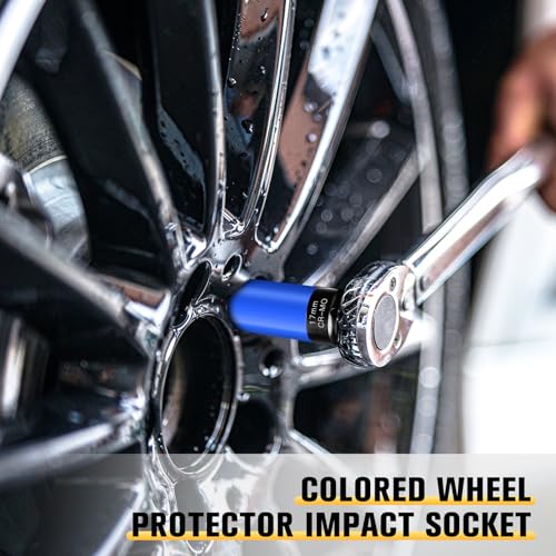 Image of BOEN 17mm 1 /2 inch Drive Wheel Protector Impact Socket, Non-Marring Lug Nut Thin Wall Deep Socket Set, Chrome-Molybdenum Steel, 6 Point, Color-Coded Protective Socket