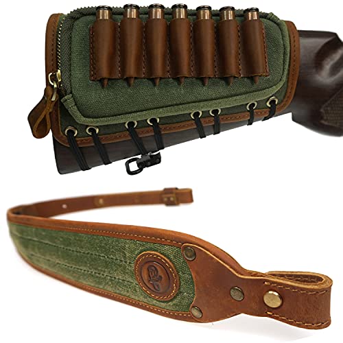 1 Sets Rifle Sling With Matched Gun Buttstock Shell Holder, Leather Canvas (Green) #TOP29