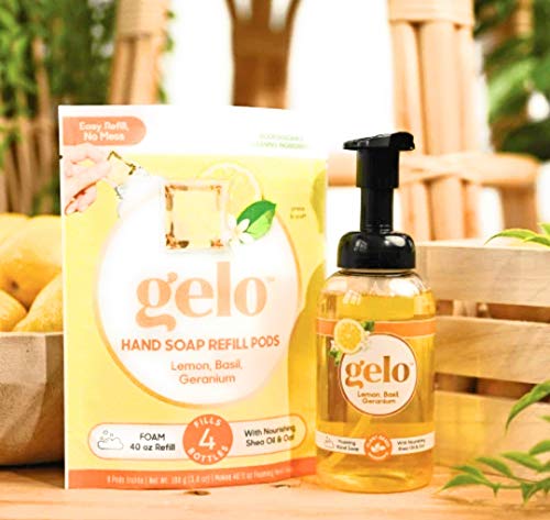 Gelo Refill Plant Based Essential Oil Hand Liquid Soap (10 oz.) Choose From: Bottle, Refill Pods or Both (Lemon, Basil & Geranium, Bottle + Pods)