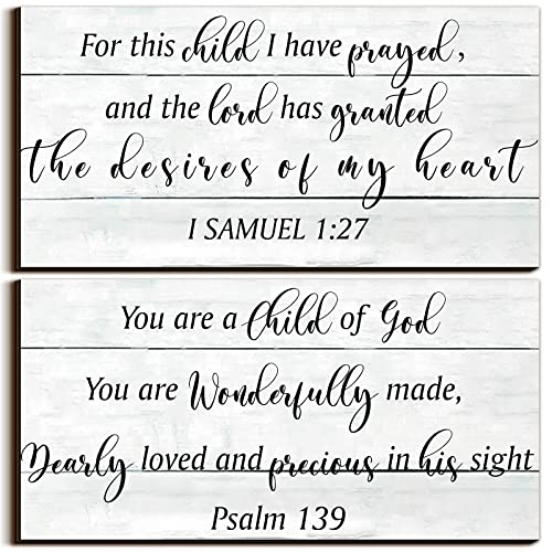 Image of 2 Pcs Wood Nursery Wall Decor for Girls Boys Baby Girl Room Decor for Nursery Christian Nursery Wall Art This Child I Have Prayed Bible Quote Wall Hanging Sign for Kids Home 12 x 6 Inch (Retro)