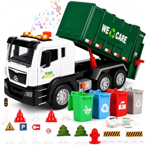 BunnyJOY Camion Poubelle Jouets avec Lumières et Sons, Jouets de Grand Voiture Friction avec Bacs, Cadeau Anniversaire Éducatif Enfant Garçon Fille 3 4 5 6...