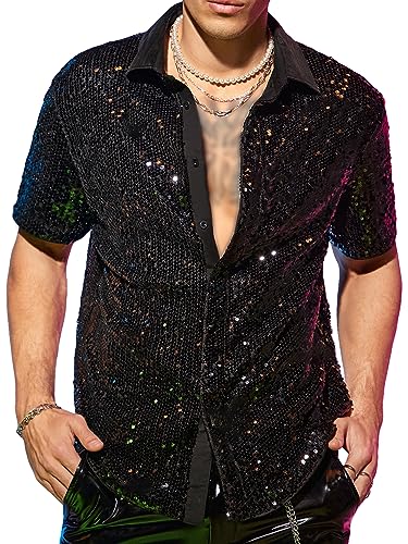 WDIRARA Men's Sequin Color Block Short Sleeve Collared Neck Button Down Shirt Party Club Tops