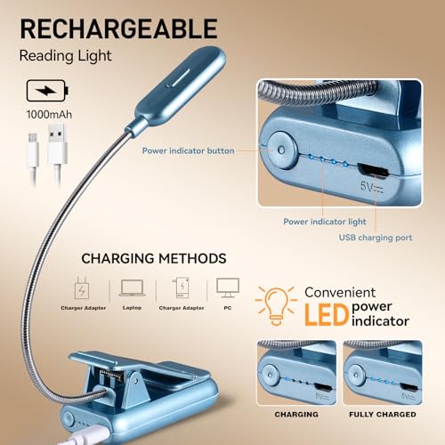 Image of VAVOFO Rechargeable Reading Light, 7 LEDs with 9 Color Temperature 9 Brightness Levels Clip On Book Light for Reading in Bed with Power Indicator for Bookworms (Silver Blue)