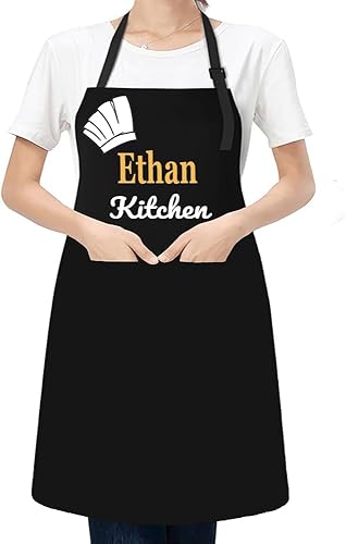 Miniatura 3 de Delantal personalizado con texto de nombre, delantales personalizados para mujeres y hombres, bolsillos ajustables de poliéster impermeables,