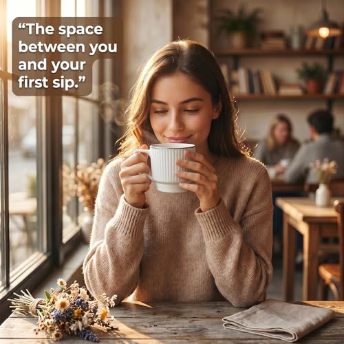 Image of UPC Coffee Mug Set of 6 | White Ribbed Texture with Silver Rim | Tea & Coffee Cups | Microwave & Dishwasher Safe | Home & Kitchen