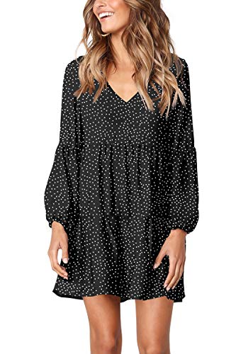 Womens Casual Tunic Dress V Neck Polka Dot Swing Dress Boho Dress Black L