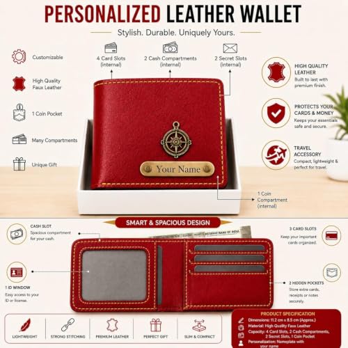 Image of Customized Wallet Combo Gift Set for Men | Faux Leather Wallet, Passport Cover & Keychain with Name & Charm | Personalized Gift for Birthday, Rakhi & Anniversary (Red wkps)