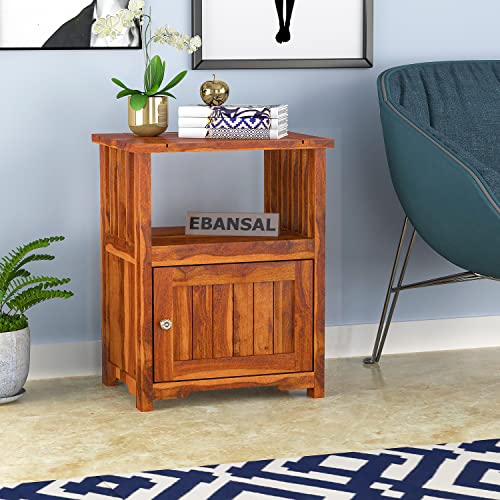 Image of Sheesham Wood Bedside End Table for Bedroom | Solid Wood Sofa Side Table Nightstand with 1 Door Cabinet & 1 Shelf Storage for Home & Living Room | Rosewood, Honey Natural