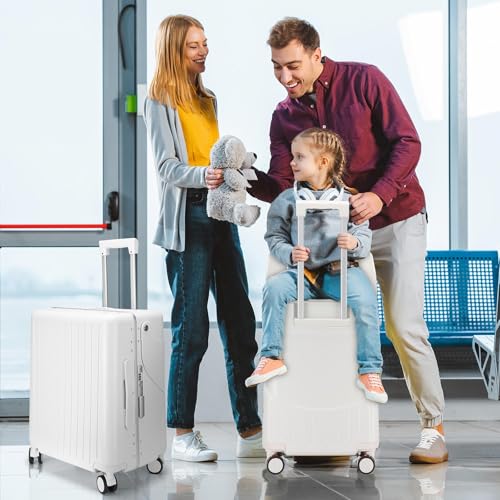 20 Inch Ride on Luggage with Seat for Kids Top Opening Aluminum Frame Suitcase with Spinner Wheels Locks for Travel(White) - Image 3